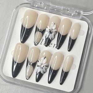 Black and Cream Floral Stiletto Handmade Press-On Nails